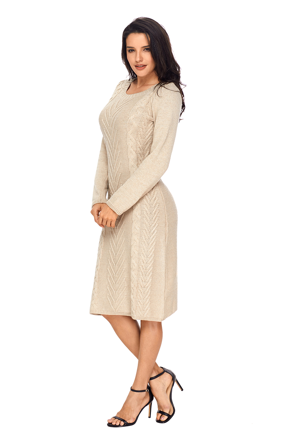 BY27772-16 Khaki Women’s Hand Knitted Sweater Dress